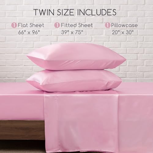 Image of MR&HM Satin Bed Sheets, Twin Size Sheets Set, 3 Pcs Silky Bedding Set with 15 Inches Deep Pocket for Mattress (Twin, Pink)