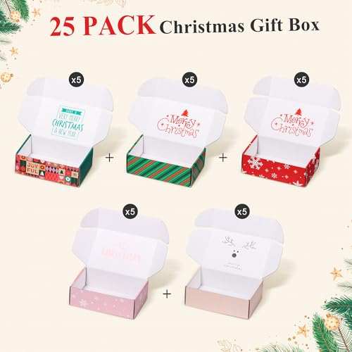 TONESPAC 25 Pack 6x4x2 inch Small Gift Christmas Gift Box with Lid, Recyclable Corrugated Cardboard Shipping Boxes for Small Business,for Gift Packaging (6"x4"x2" 25 Pcs Xmas Mix Pattern) by TONESPAC - Image 3