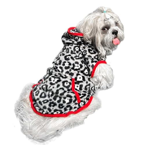 Image of Lulala Dog Hoodie Fuzzy Dog Sweater with Leash Hole and Pocket Warm Soft Cozy Hooded Sweatshirt Fleece for Small Dog & Cat (Black, Grey-10Inch)