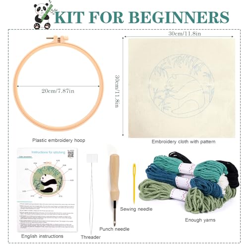Image of KESTAR Punch Needle Embroidery Starter Kits, Panda Bamboo Punch Needle Kits for Adults Beginner, Needle Punch Kit Tool with Instruction Threader Fabric Yarns and Hoop