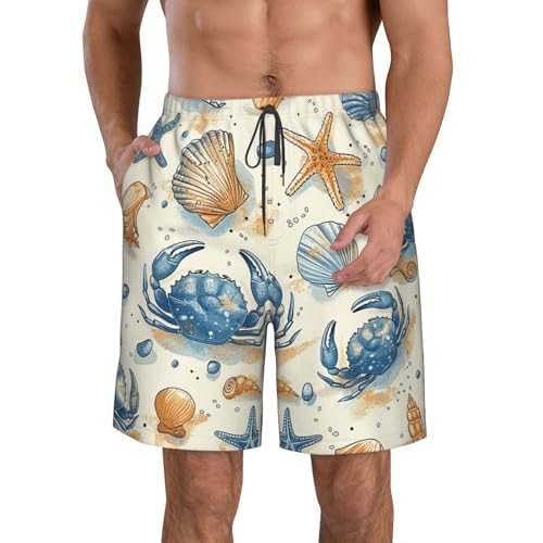 Men's Quick Dry Swim Shorts Crabs Starfish and Shells Sea Ocean Beach Vintage Beach Trunks with Pockets