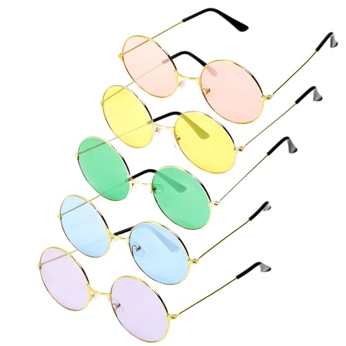5 Pairs Round Hippie Sunglasses 60's 70's Style Colored Circle Costume Glasses for Women Men Halloween Party Favor