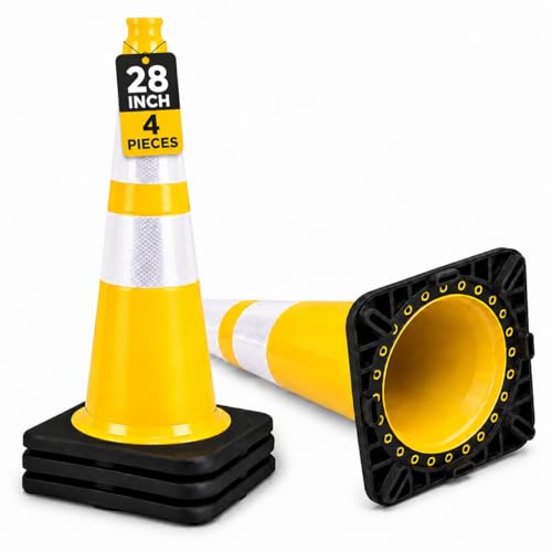 Image of BESEA 4 Pack 28 Inch Yellow Traffic Cones with Wide Weighted Base