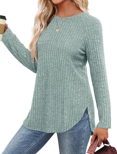 Image of Saloogoe Long Sleeve Shirts for Women 2025 Fall Clothes Tunic Tops Loose Fit Dressy Crewneck Pullover Sweaters Curved Hem