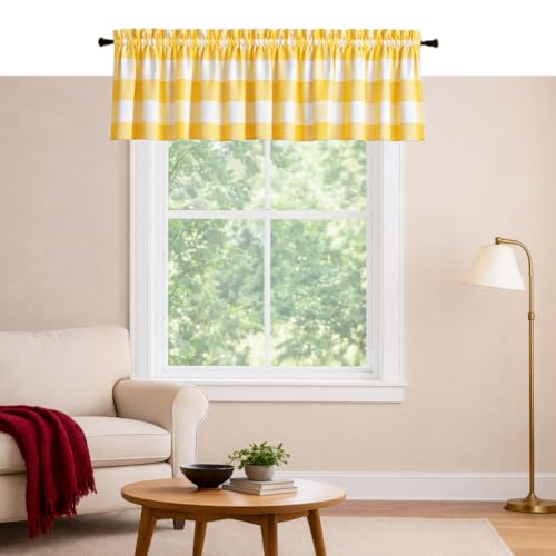 Softopia Cotton Buffalo Check Farmhouse Window Valance Curtains 2 Pack, 54x18 Inch Rod Pocket Panels for Kitchen, Living Room, Dining, Bathroom, Country Rustic Home Décor, Lemon Yellow
