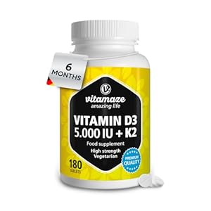 Vitamin D3 K2 5.000 IU & 100ug (MK7) 180 High Strength Vitamin D3 K2 Tablets for 6 Months Supply of Vitamin D3 and K2 for Bone, Teeth, Muscle Function & Immune System. German Quality. Vitamaze®