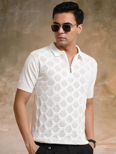 Image of Maniac || Mens || Solid Textured || Half Zip || Polo Neck || Half Sleeve || Cotton || T-Shirt