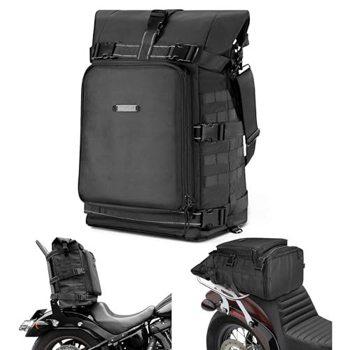 T-TitanTrail Motorcycle Sissy Bar Bag Tail Backrest Luggage Bag 51L Backpack Duffle Gear for Touring Camping Trip Travel Outdoor with Raincover and 1 Shoulder Strap Black