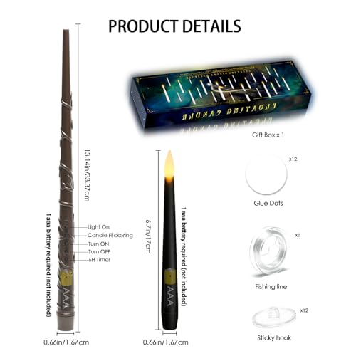 Image of Lezonic Black Floating Candles with Wand Remote, Set of 12 Magic Flameless Candles Battery Operated, Flikering Hanging LED Taper Candlesticks Christmas Decorations, 0.51 inch x 6.7 inch