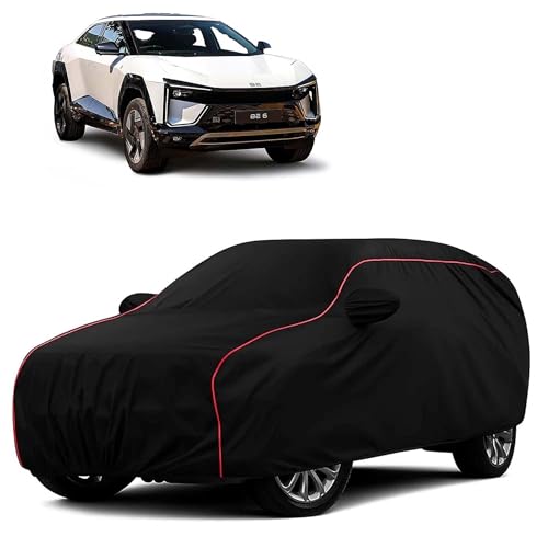 Image of Sulfar 100% Water Resistant Car Body Cover Compatible with Mirror for Mahindra BE 6 (Triple Stitched, Full Bottom Elastic, Black with Red Piping)