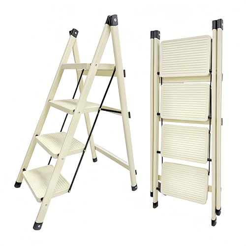 4 Step Ladder,Foldable Step Ladder with Non-Slip Wide Steps,Sturdy Steel Ladder,Heavy Duty 330lbs (150KG) Capacity,Lightweight, Portable Steel Step Ladder - Cream White -LEHEGONGBA