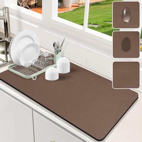 Image of Dish Drying Mat for Kitchen Counter, Pad with Rubber Backed (Brown,17x31.5) | Hide Stain Anti Absorbent for Kitchen Counter, Non-slip Drying Mat for Coffee Machine Dish Rack