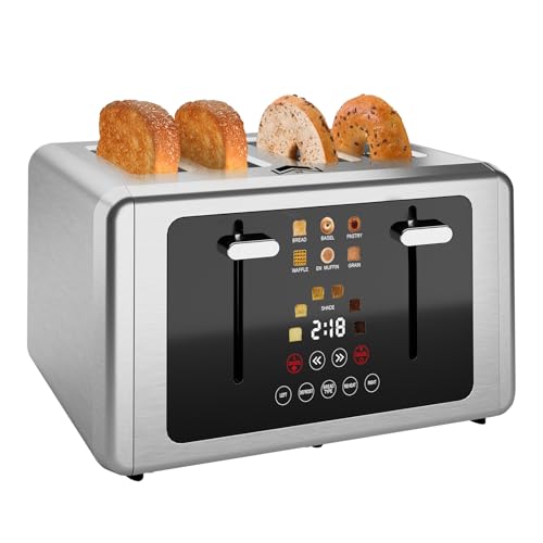 WUNLY 4 Slice Toaster, Touchscreen & Dual Independent Control Panel?5 Basic Functions & Digital Countdown Toasters, 6 Shade Settings?6 Bread Types, Smart Bread Maker Mute/Screen-Off,Stainless steel