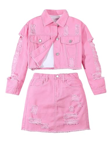 WDIRARA Girl's 2 Piece Outfits Ripped Button Down Jacket Elastic