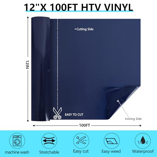 Image of HTVVETUR Navy Blue Iron on Vinyl Roll 12 inch x 100ft, HTV Heat Transfer Vinyl, Easy Cut Weed Vinyl for DIY T-Shirt Crafts & Cutting Machines (Navy, 100ft)
