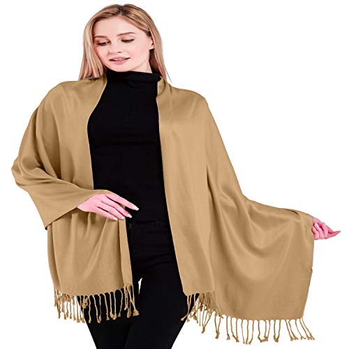 CJ Apparel Light Gold Solid Color Tassels Design Nepalese Shawl Seconds Scarf Wrap Stole Throw Head Wrap Pashmina Hand Made in Nepal New