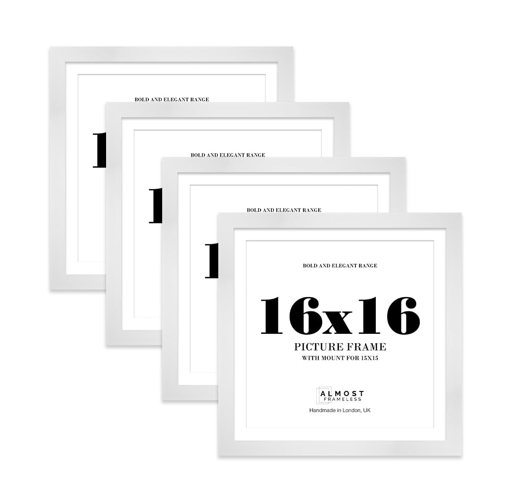 16x16" White Square Frame With Mount for 15x15" Pictures 28mm Edge Frame Display with Wall Hooks, 4 Pack