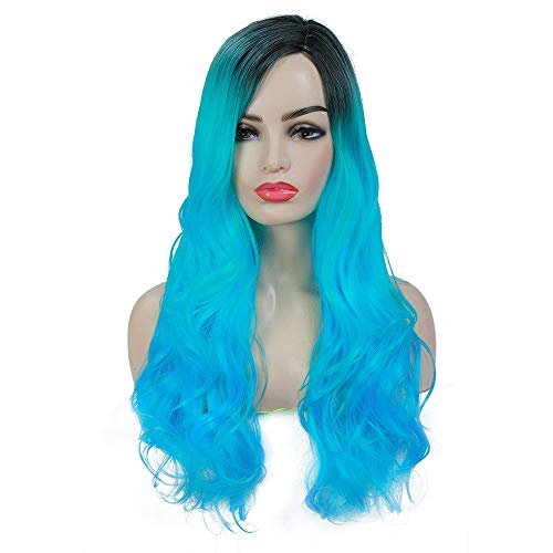 DDHAIR Ombre Blue Wigs For Women Green with Blue Cosplay Wig with Dark Root Wig Long Blue Wig For White Women Synthetic Full Hair Wig for Women