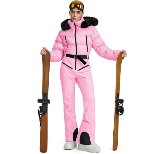 HOTIAN Women's One Piece Snowsuit, Waterproof Insulated Ski Jumpsuit with Faux Fur Collar for Skiing & Snowboarding,Pink,XL