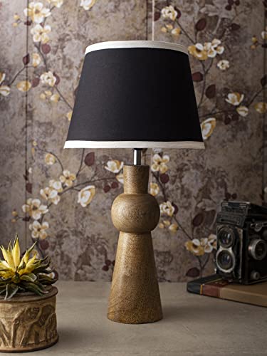Image of Green Girgit Wooden Skirt Lamp with Black Cotton Shade