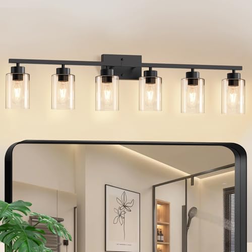 Image of IZORRO Bathroom Light Fixtures, Modern Vanity Lights, Bathroom Lighting Fixtures Over Mirror with Clear Glass Shade, Wall Sconce for Living Room Cabinet Bedroom (Matte Black, 6-Light)