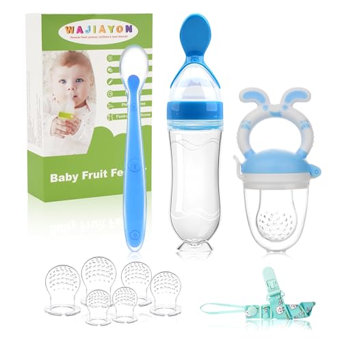 Image of WAJIAYON Baby Fruit Feeder Pacifier- 3 Pack | Infant Food Feeder Pacifier & Baby Food Dispensing Spoon | Mesh Fresh Fruit Teethers for Babies | Shower Gifts for Boys and Girls (Sky Blue)