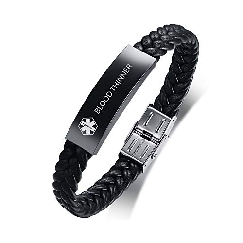 PJ JEWELLERY Blood THINNER - Black Stainless Steel Braided Leather Medical Alert Bracelet Customise Diabetic ID Bracelet for Mens SOS Emergency Life Awareness Bracelet Adjustable