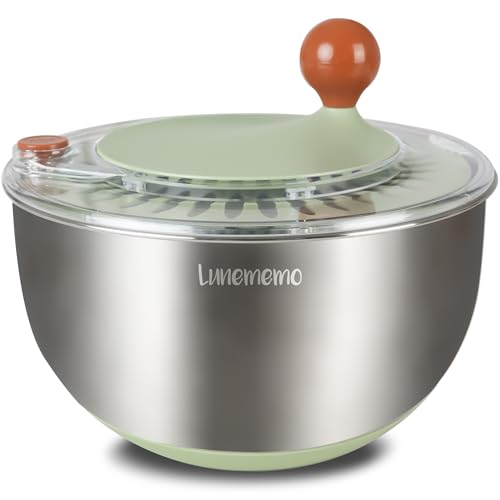 Lunememo Stainless Steel Salad Spinner, Lettuce Spinner with Drain, Non-Slip Base, Stop Button, Vegetable Dryer, BPA Free, 5.3 Qt