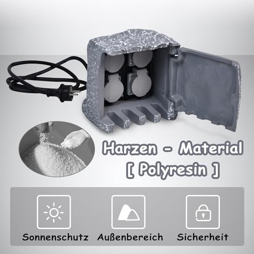NAIZY Gartensteckdose Stein-Optik Aussensteckdose Wasserdicht IP44 Außensteckdose mit 4 Schutzkontakt Steckdose Außen inkl. 3 m Verlängerung Mehrfachsteckdose Garten Outdoor Steckdosen