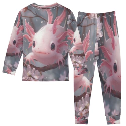 Pajama Sets Long Sleeve Kawaii Pink Axolotl Cherry Blossoms Soft Comfy Sleepwear 2 Piece PJS 3-8T3