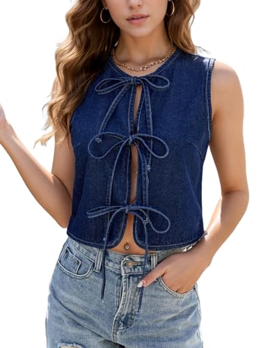 Tie Front Sleeveless Denim Vest for Women Crew Neck Crop Top Jackets Y2k Slim Fit Retro Going Out Streetwear