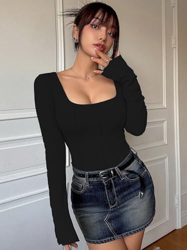Image of Sugathari Women's Black Solid Long Sleeve Wrap-Style Square Split Crew Neck Bodycon Women T-Shirt Spring and Summer Top, Minimalist and Fashionable for Everyday Casual Wear Tops (T-Shirt 181)