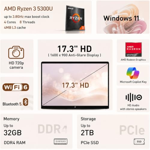 Image of HP 17.3 inch Laptop, AMD Ryzen 3 5300U Processor, Large HD Display, 8GB RAM, 256GB PCIe SSD, Windows 11, Full-Size Keyboard with Numeric Keypad, Long Battery Life