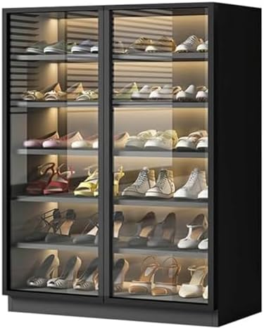 Shoe Storage Cabinet Cabinets Hallway Slim Cupboard Cupboards Hallways Slimline，Modern 6-Tier Shoe Cabinet with Glass Doors, LED Lights & Adjustable Shelves - Spacious Shoe for Entryway, Hal