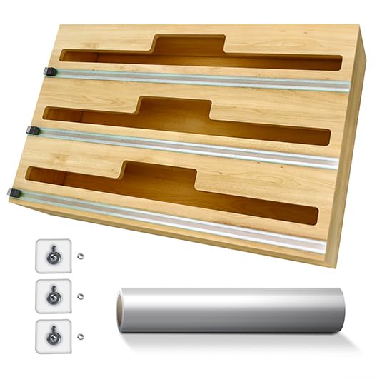 Blithe Goods 3-in-1 Foil and Plastic Wrap Dispenser with Cutter, Bamboo Foil and Plastic Wrap Organizer, 3x Hooks, 1x 12" Cling Sheet Roll - Wrapping Made Easy & Mess Free