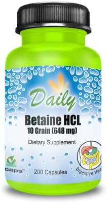 Daily Manufacturing Daily's Betaine Hydrochloride (10 Grains, 648 mg, Gluten Free, Soy Free, Vegan, 200 Vegetarian Capsules)