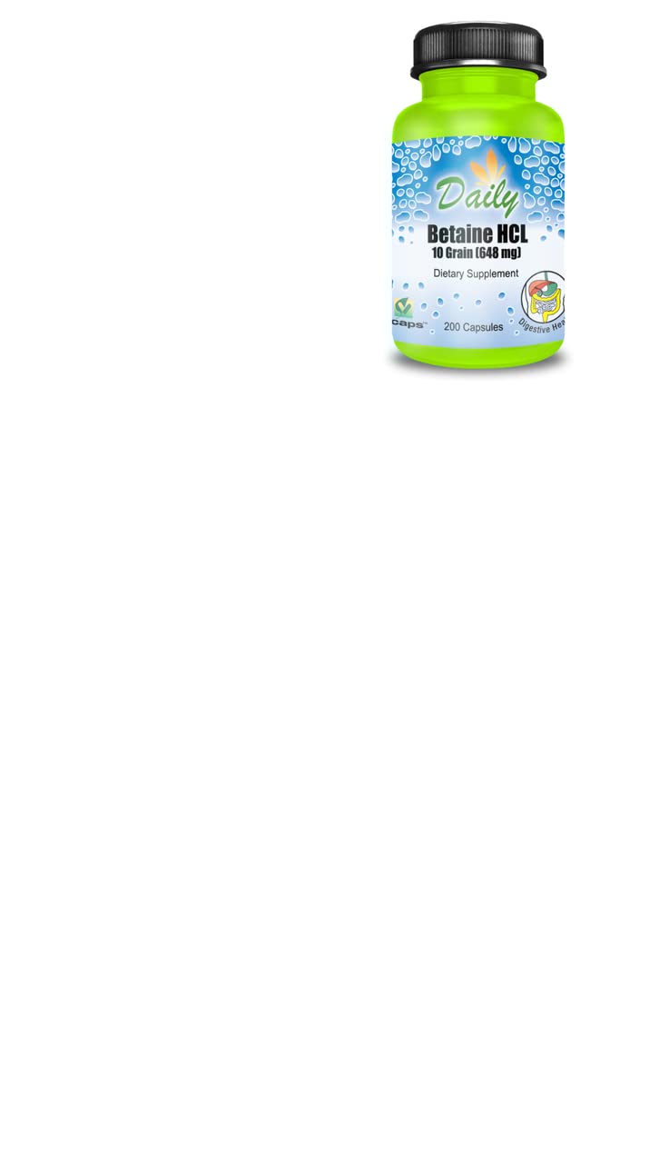 Daily Manufacturing Daily's Betaine Hydrochloride (10 Grains, 648 mg, Gluten Free, Soy Free, Vegan, 200 Vegetarian Capsules)