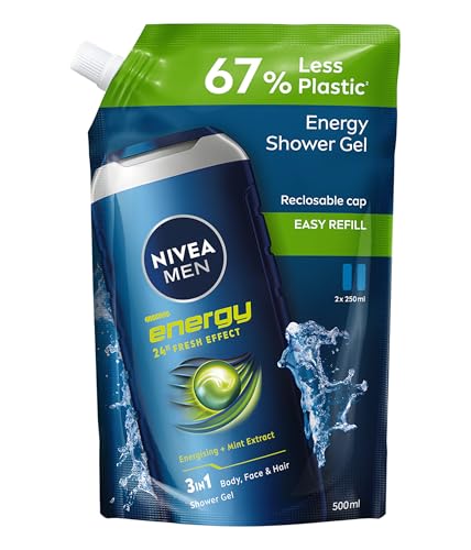 NIVEA MEN Ricarica Energy Doccia Shampoo 500 ml, Ricarica di docciaschiuma uomo rivitalizzante per corpo, viso e capelli, Bagnoschiuma e shampoo uomo rinfrescante con Estratto di Menta