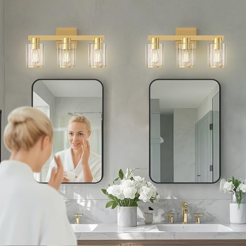 Image of L LOHAS LED Gold Bathroom Vanity Light Over Mirror, 3 Lights Bathroom Light Fixture with Clear Glass Shade, Modern Vanity Light for Living Room Hallway Cabinet Bedroom