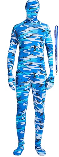 Full Bodysuit With Zipper Helper Unisex Spandex Stretch Adult Costume Zentai Disappearing Man Body Suit (Medium, Blue Camo)