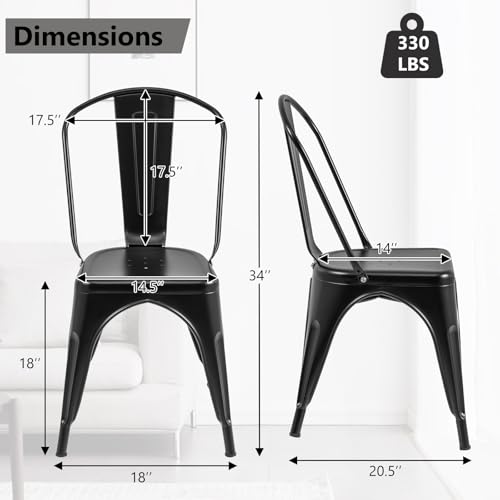Image of COSTWAY Stackable Metal Dining Chairs Set of 4 with Back, Indoor & Outdoor | Black, Industrial Vintage Style, Breathable Seat, High Backrest, for Dining Room, Kitchen, Bar, Cafe, Bistro, Restaurant