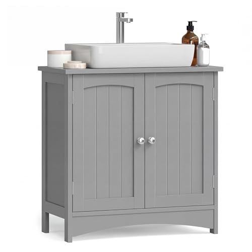 VASAGLE Under Sink Bathroom Cabinet with 2 Doors Freestanding Storage Cabinet with Adjustable Shelf Farmhouse Style 23 x 20 cm Syphon Opening 30 x 60 x 60 cm Dove Grey BBC100GD01