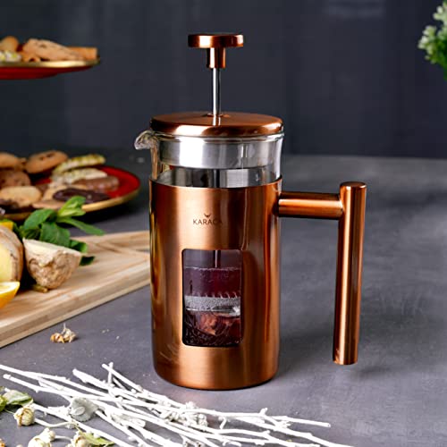KARACA Borosilicate Glass Copper French Press Coffee Maker - Coffee Press for Home, Office, Travel and Camping - Copper Silver - 350 ml