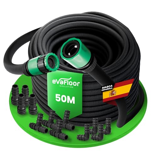 EVAFLOOR Manguera de riego Exudante Porosa 50 m | Riego por Goteo Uniforme con Ahorro de agua | Ideal para Jardín, Huerto y Setos | Incluye Kit de Conectores