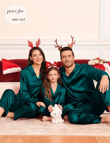 SWOMOG Matching Family Pajamas Set Women & Men & Kids Silk Satin Pjs 2 Pcs Long Sleeve Button Down Sleepwear with 2 Pockets4