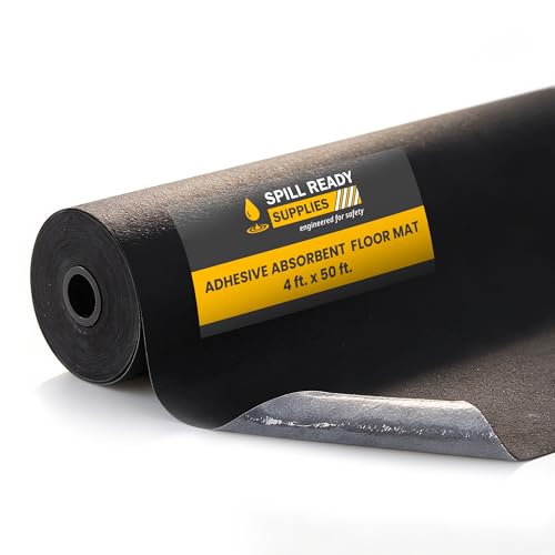 Spill Ready 4' x 50' Adhesive Absorbent Floor Mat Roll, Heavyweight Oil, Grease & Water Floor Mat | Black Garage Mat