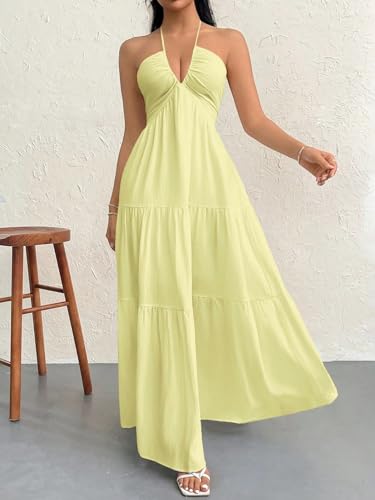 Image of Narecte Women's Maxi Summer Dresses Halter V Neck Beach Dresses for Women A-Line Casual Dress for Vacation