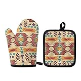 Horeset Geometric Style Pattern Oven Mitts and Pot Holder Set of 2,Kitchen Mitts Heat Resistant Baki