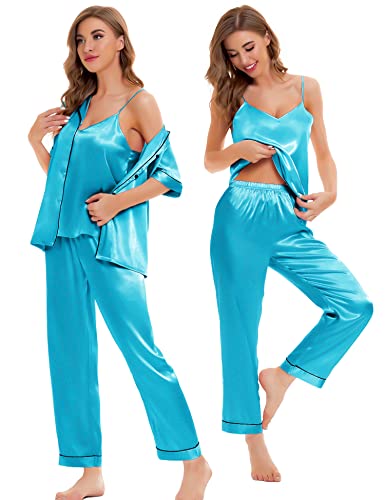 Image of SWOMOG Womens Silk Satin Pajamas Sets 4pcs Sleepwear Sexy Cami Shorts Set and Button Down Short Sleeve Pjs Loungewear Light Blue XX-Large