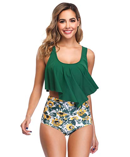 MARINAVIDA Swimsuit for Women Two Pieces Bathing Suits Top Ruffled Racerback with High Waisted Bottom Tankini Set Green